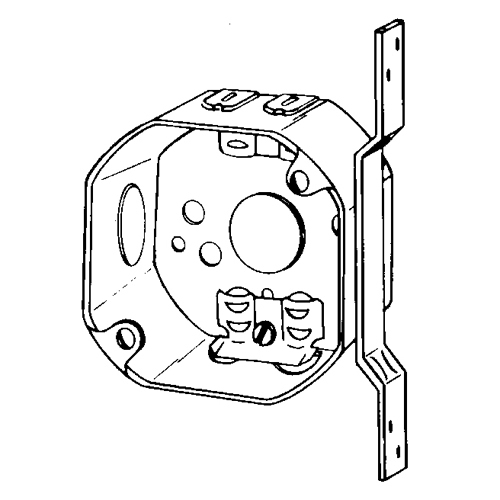 Octogon Box, Size: 4", 1-1/2" Deep, Material: Steel, Side Knockouts: 2@1/2", Bottom Knockouts, 1@1/2", End Knockouts: 4@ 21/32", Nonmetallic Sheathed CL 26 Cable Clamps, Cubic Capacity:15.5Cubic Inches, Vertical Bracket set back 5/8"