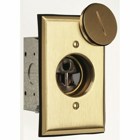 Tamper-Resistant Floor Box Assembly. Includestamper-resistant receptacle with brass plate, plug, gasket, o-ring, and metal 18 cubic inch box. Brown.