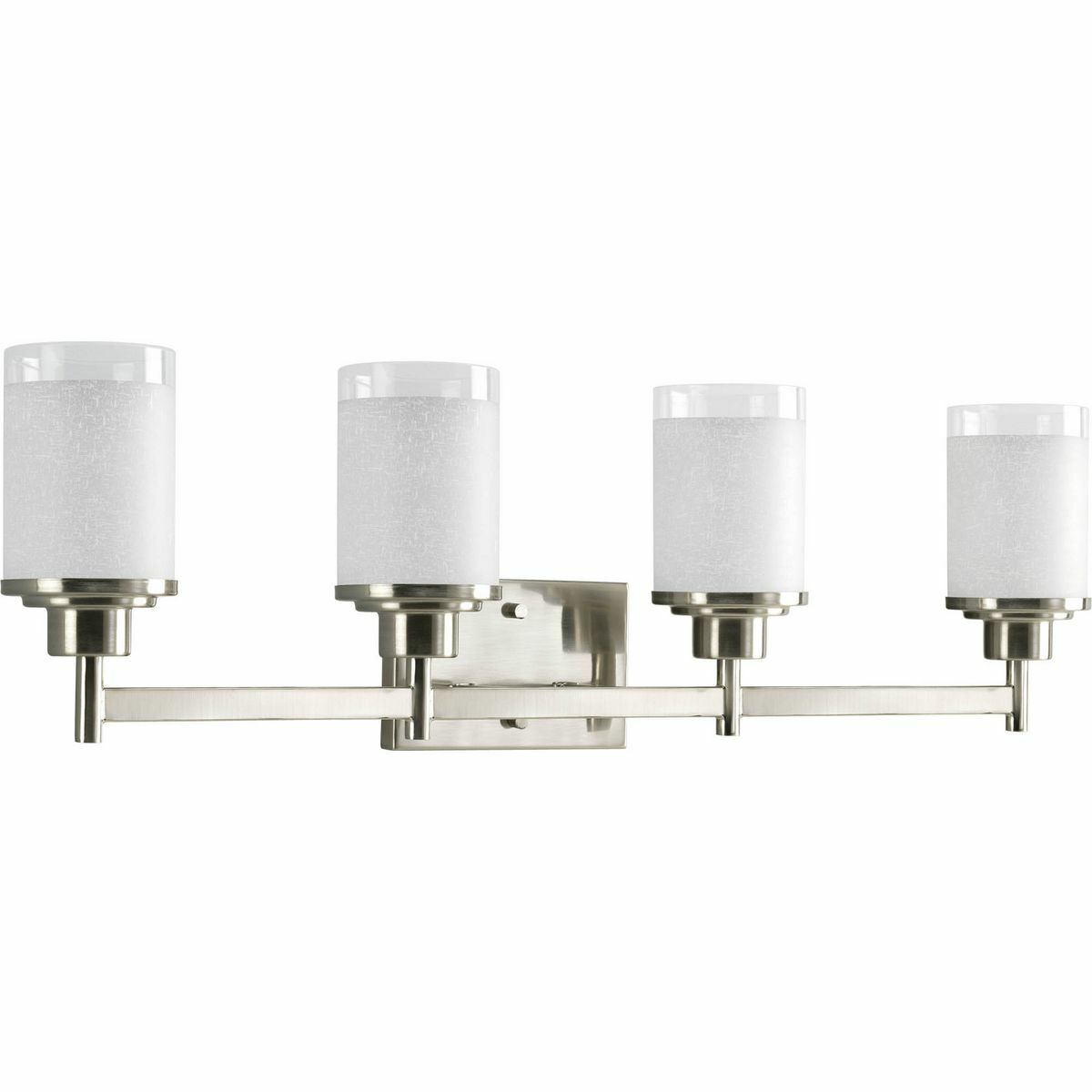Create the sophisticated feel of modern, urban living in your home with this four-light bath fixture from the Alexa Collection. Visually interesting white linen finished glass with a crisp clear edge accent is complemented by a pleasingly simple Brushed Nickel frame. If you desire a vintage mid-century modern look, the Alexa Collection is just for you.