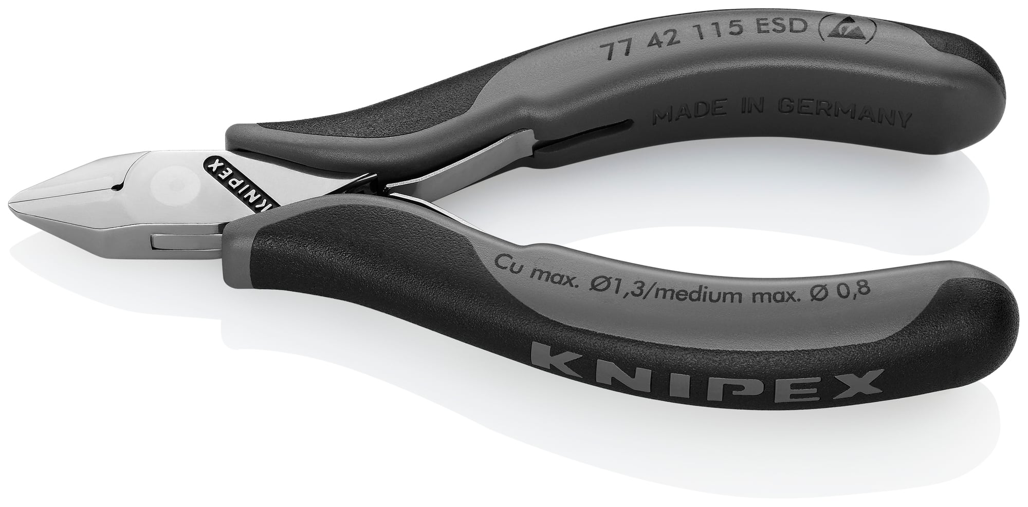 Electronics Diagonal Cutters-ESD Handles, 4 1/2 in., Multi-component, Polished, Flush Cut, Tapered Head, Up to 1/32 in. Medium Wire