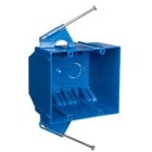 Two-Gang Nail-On New Work Outlet Box, Volume 32 Cubic Inches, Length 3-3/4 Inches, Width 4 Inches, Depth 3 Inches, Color Blue, Material PVC, Mounting Means Captive Nails