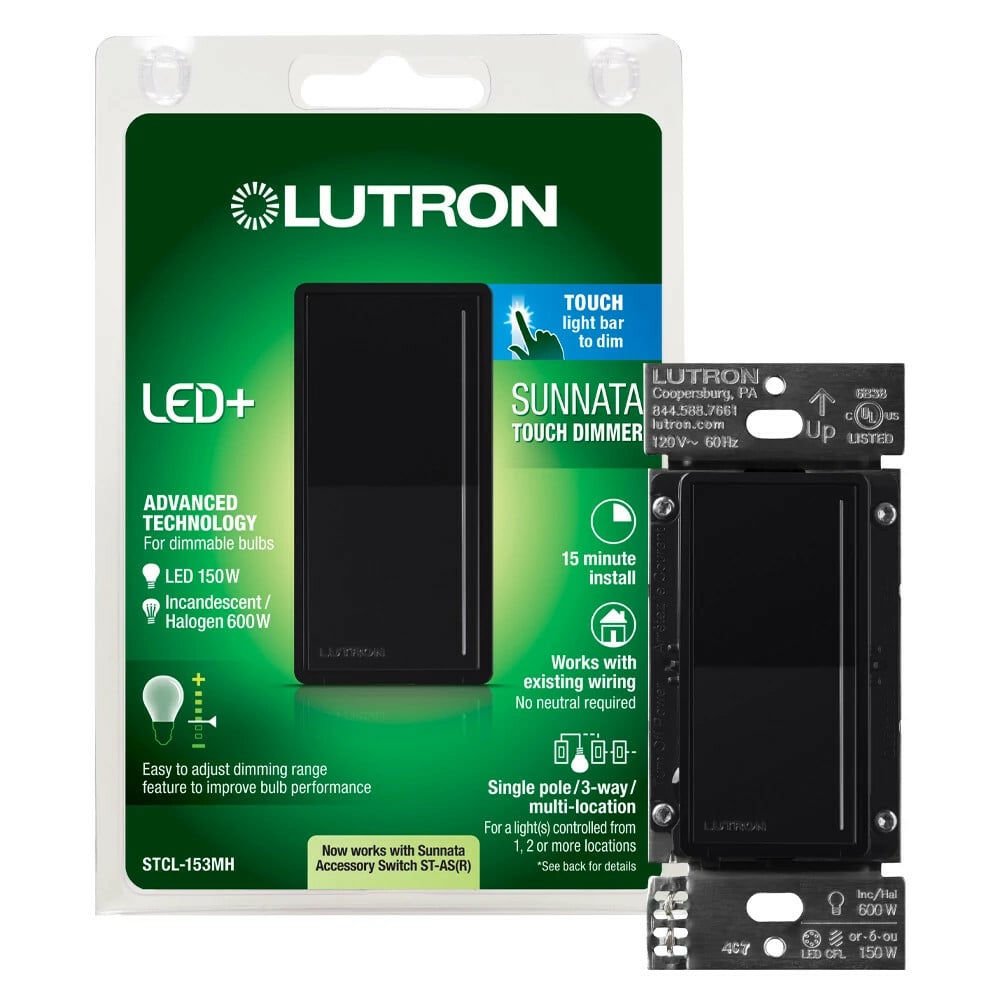 Lutron Sunnata LED+ Touch Dimmer, Single-Pole/3-way Multi-Location Dimmer, 120V, 150W LED or 600W Incandescent/Halogen, Black