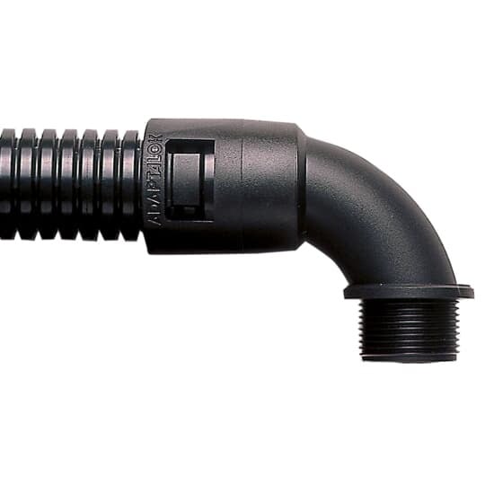 90 Degree Conduit Fitting, Fixed External Male Thread, Nominal Conduit Size 28mm, PG21 Thread, Polyamide (Nylon) 66, Black