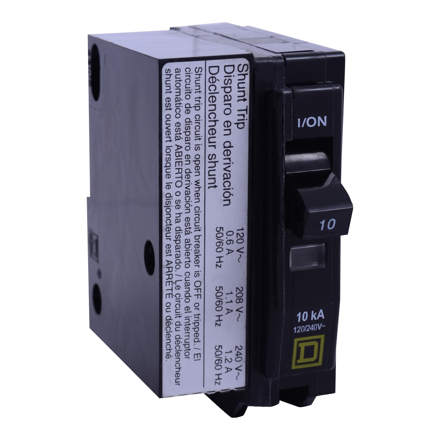 Mini circuit breaker, QO, 10A, 1 pole, 120/240VAC, 10kA, plug in, AC shunt