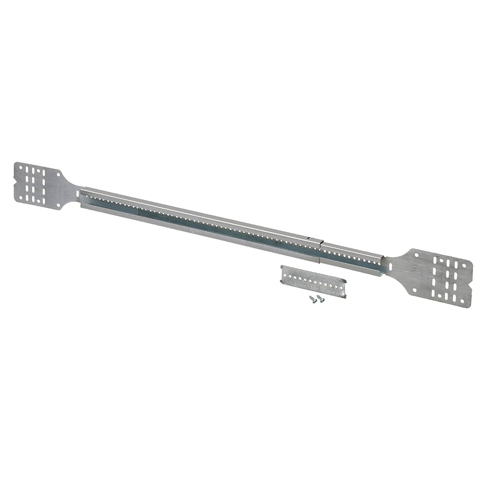 Adjustable unbent SLIDERBAR fits between studs 15" to 24" wide. Can mount a steel box via the included SL18BKT mounting bracket.