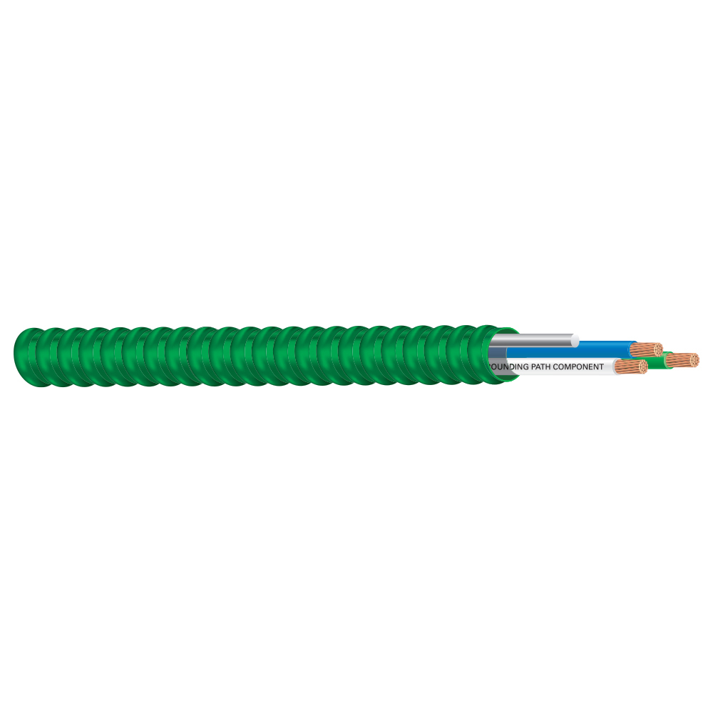 Southwire Armorlite Type MC Cable is constructed with soft-drawn copper  Type THHN/THWN-2 conductors rated 90C dry  and a bare copper grounding conductor for sizes 1/0 AWG and larger. The conductors are cabled together and a binder tape bearing the print legend is wrapped around the assembly. Aluminum interlocking armor is applied over the assembly. Also available in steel. Conductors are black with phase identification. Colors available upon request with economic order quantity.