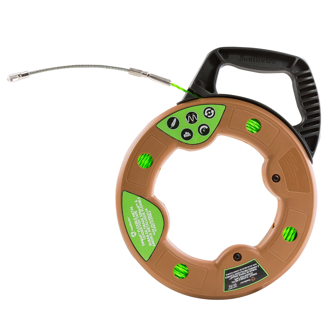 The SIMPULL Fish Tape  3mm 100 ft. Flexible Metal Leader, Medium Case features a spiral extruded polymer design reduces the amount of effort required to push or pull the fish tape through EMT or PVC conduit