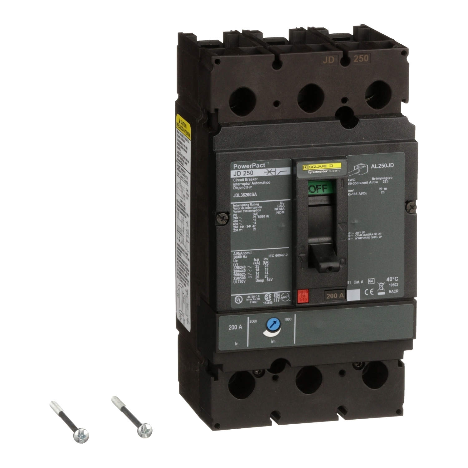 Circuit breaker, PowerPacT J, 200A, 3 pole, 600VAC, 14kA, lugs, thermal magnetic, 80%, shunt