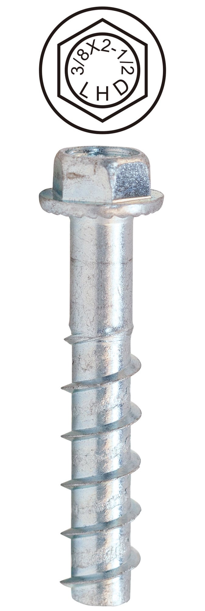 3/8'' x 2-1/2'' Hex Head Concrete Screw Bolt, Case Hardened Low Carbon Steel, Zinc Plated