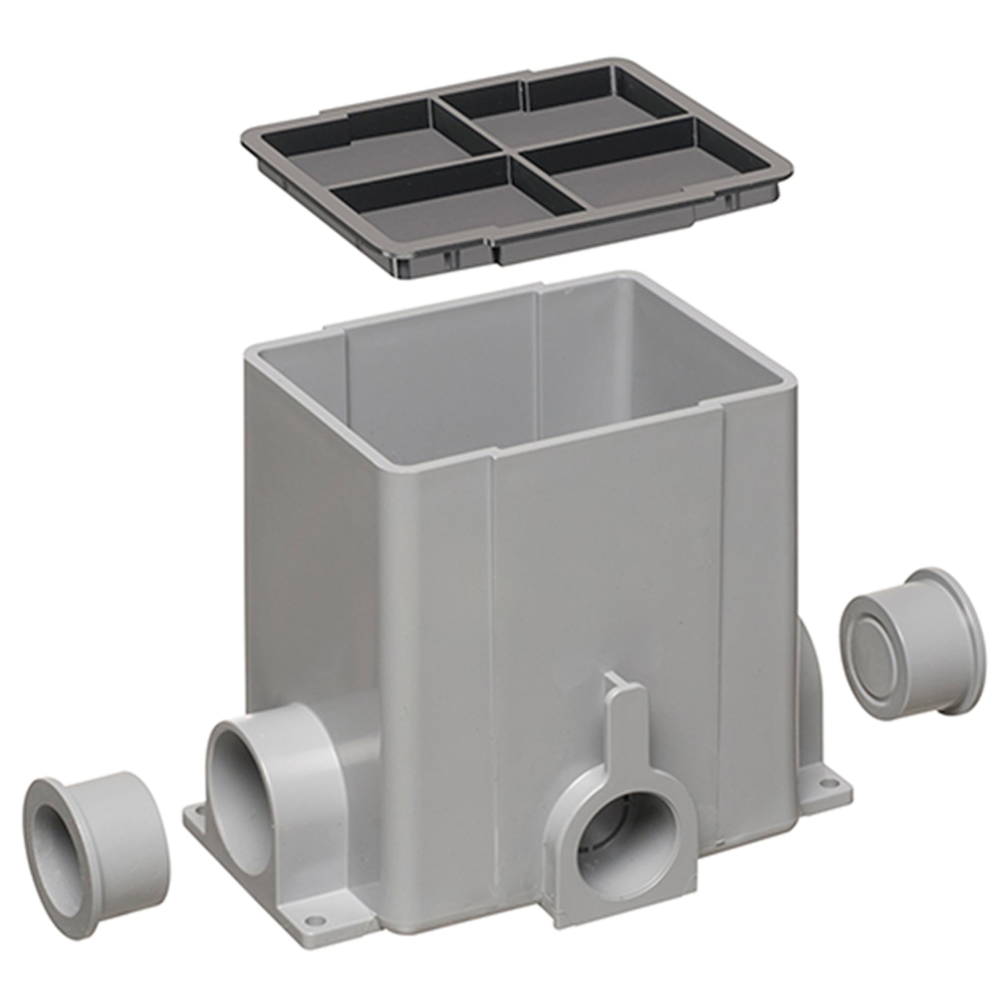 Single gang non metallic gangable floor box up to 3 gang. Rectangular. Includes (2) 1-1/4" plugs and a mud cover.