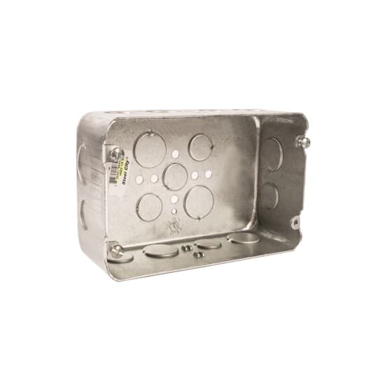 Two Gang Drawn-Style Gang Box, 71 Cubic Inches, 6-13/16 Inches Long x 4-1/2 Inches Tall x 2-1/2 Inches Deep, 1/2 Inch and 3/4 Inch Knockouts, Pre-Galvanized Steel, Drawn Construction, For use with Conduit