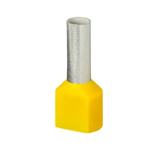 Polypropylene Insulated Twin Ferrule, Length .984 Inches/25mm, Pin Length .551 Inches/14mm, Pin Diameter .193 Inches/4.9mm, Base Diameter .378 Inches/9.6mm, Conductor Range 2x10 AWG/2x0.50mm2, Color Yellow, Copper, Tin Plated