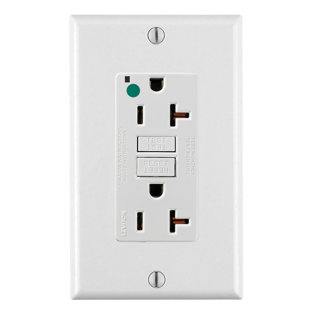 Hospital Grade, Nafta Compliant, Fed-Spec, Non-Ramper Resistant GFCI Self Test Receptacle. Nema 5-20R, 20A-125V @ Receptacle, 20A-125V Feed-through, Lighted,  Smooth Face. Wrap-around Mounting Strap. Covered Load Terminals. Line Terminal Clamps - White, W/white Test And Reset Button.