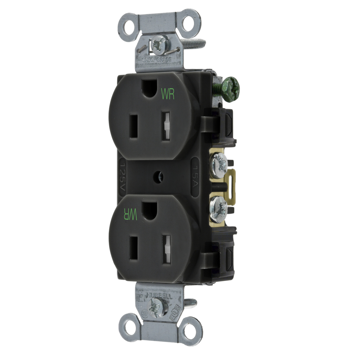 Straight Blade Devices, Receptacles, Tamper and Weather-Resistant Duplex, Commercial/Industrial Grade, 2-Pole 3-Wire Grounding, 15A 125V, 5-15R, Black