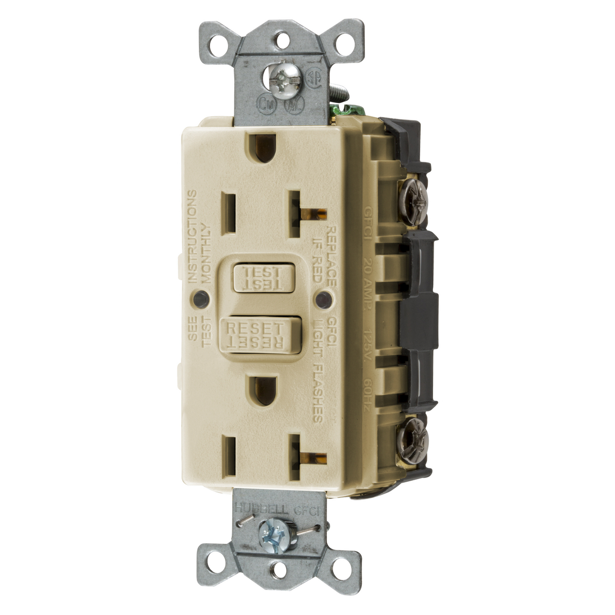 Straight Blade Devices, Receptacle, GFCI, Commercial Grade, Self Test, 20A 125V, 2-Pole 3-Wire Grounding, 5-20R, Ivory, US Product.