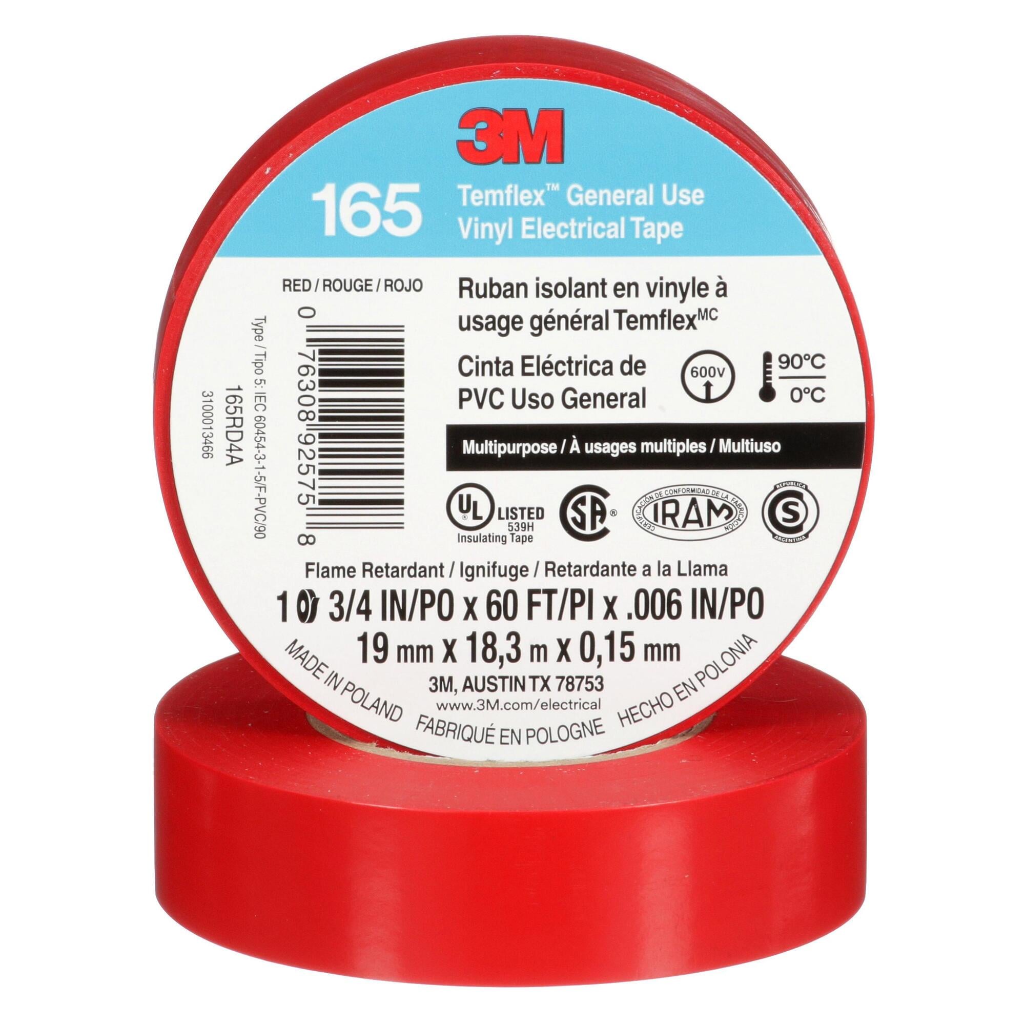 3M Temflex Vinyl Electrical Tape 165, Red, 3/4 in x 60 ft (19 mm x 18 m), 100 Rolls/Case