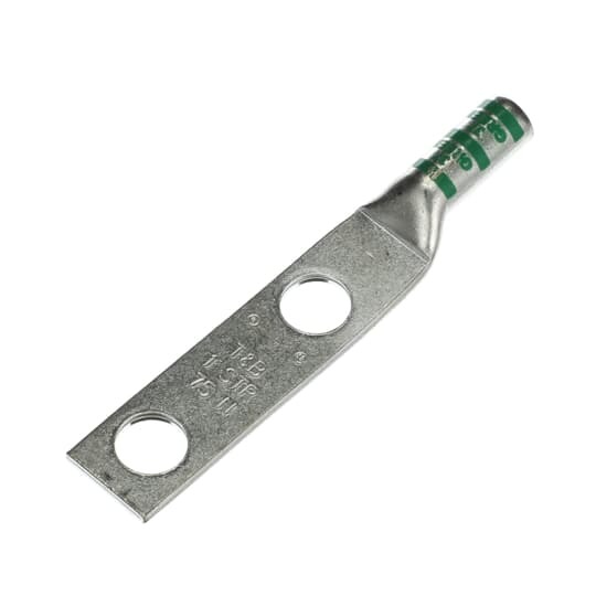 Copper Two-Hole Lug, Long Barrel, Blind End Max 35kV, Wire Size #1 AWG, 1/2 Inch Bolt Size, 1-3/4 Inch Hole Spacing, Tin Plated, Die Code 37, Die Color Code Green