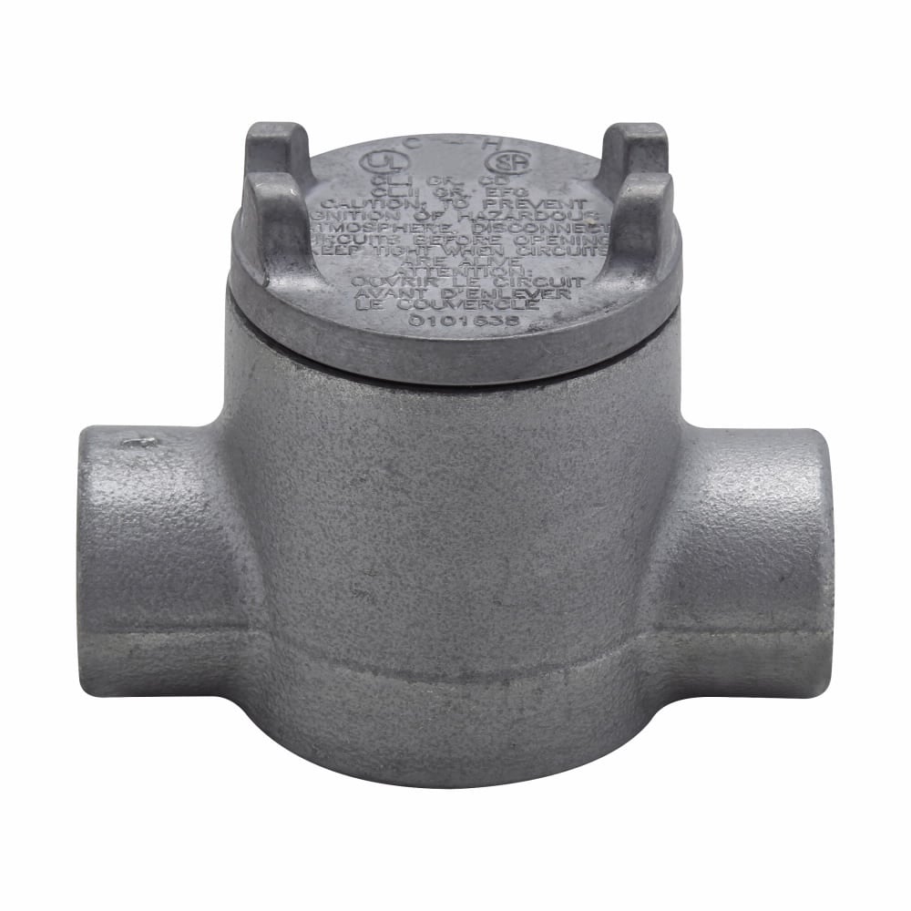 Eaton Crouse-Hinds series Condulet GUA conduit outlet box with cover, 2" cover opening diameter, Feraloy iron alloy, C shape, 1/2"