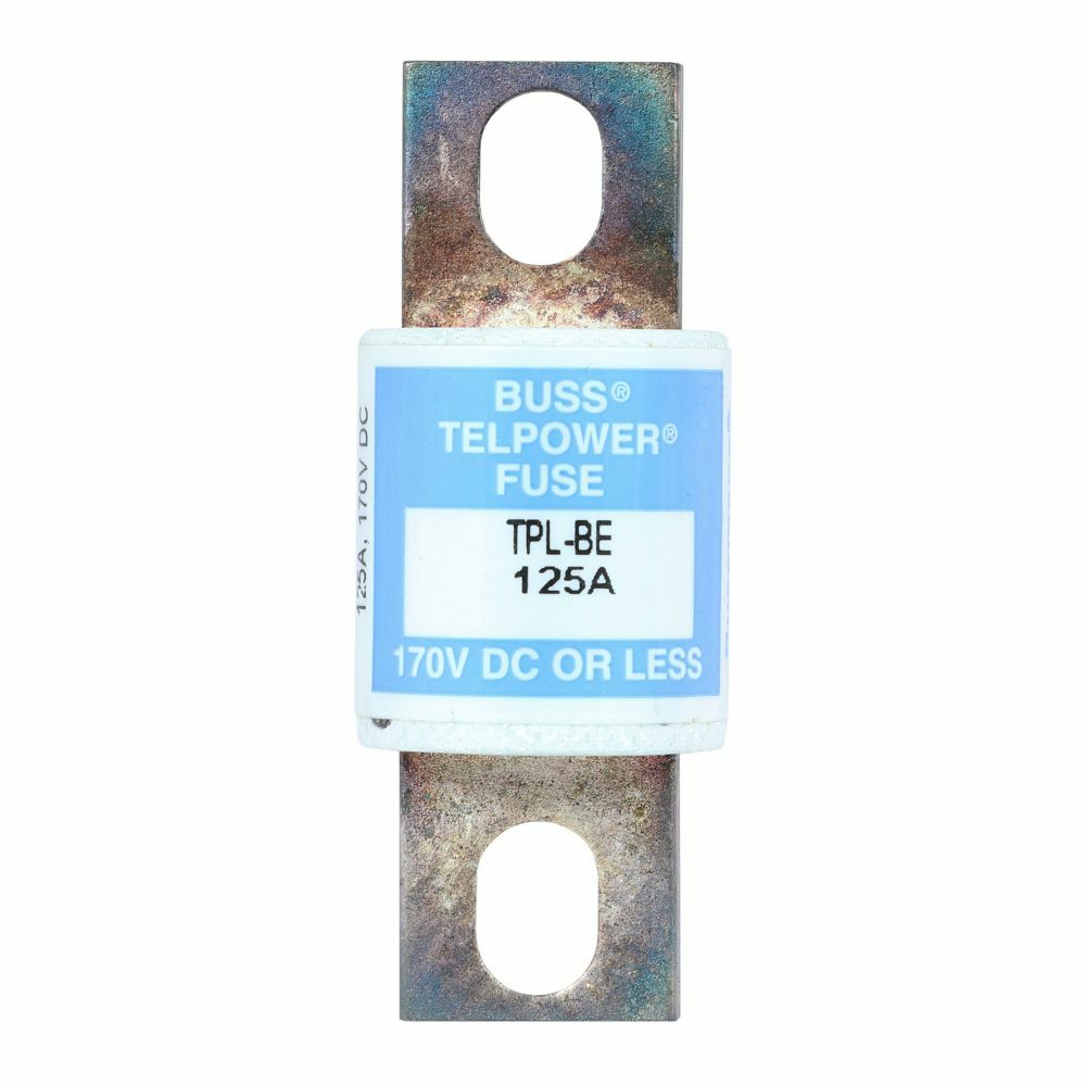 Eaton Bussmann series TPL telecommunication fuse, 170 Vdc, 125 A, 100 kAIC, Non Indicating, Current-limiting, Bolted blade end X bolted blade end, Silver-plated terminal