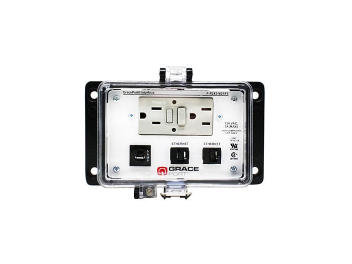 PANEL INTERFACE CONNECTOR WITH CAT 5E RJ45 QTY: 2, PMH, UL TYPE 4X, GFCI DUPLEX INSIDE-OUTLET, 5 AMP CIRCUIT BREAKER