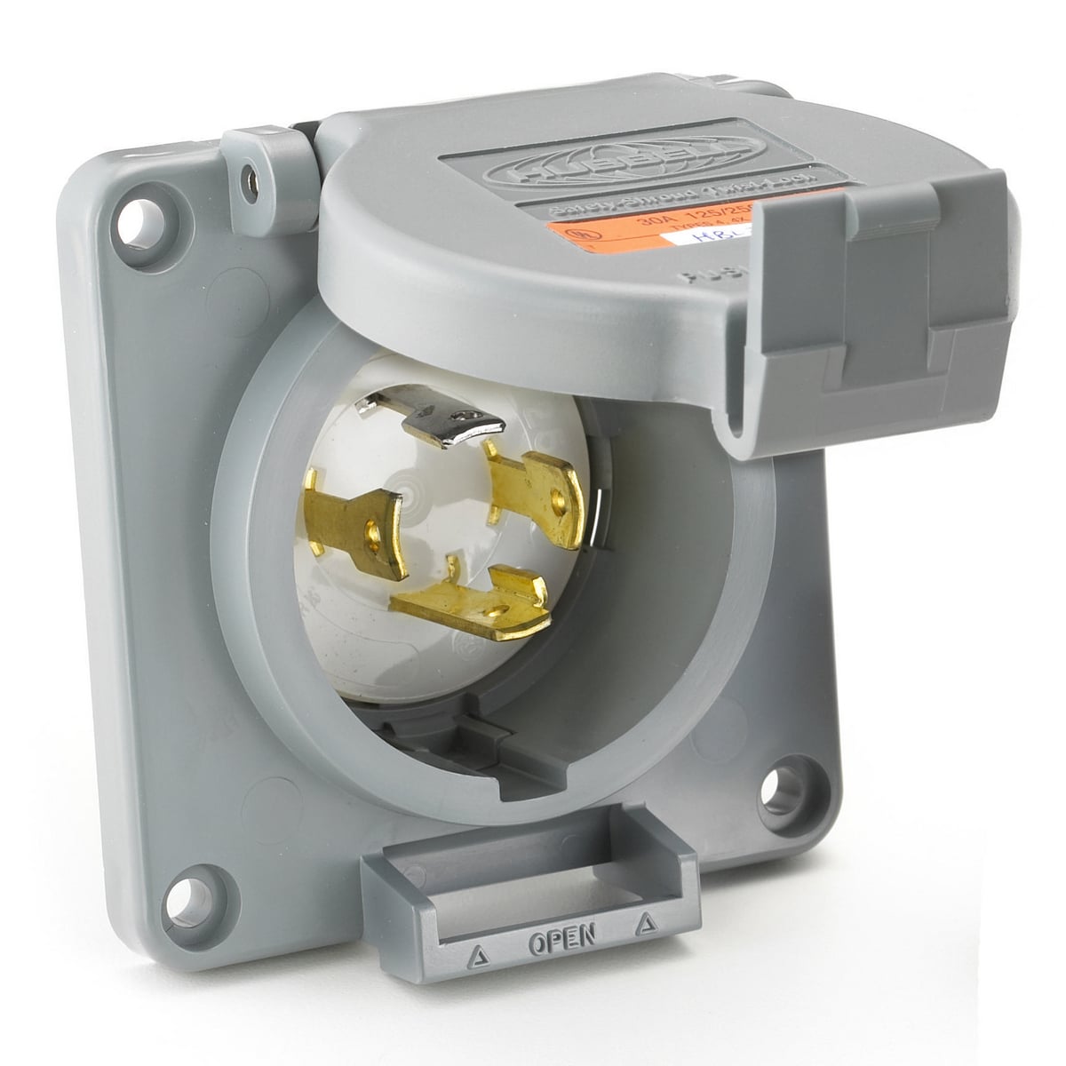 Hubbell Wiring Device Kellems, Locking Devices, TwistLock, WatertightSafety Shroud, Flanged Inlet, 30A 3-Phase Delta 480V AC, 3-Pole 4-WireGrounding, L16-30P, Screw Terminal, Gray, Reversed Service