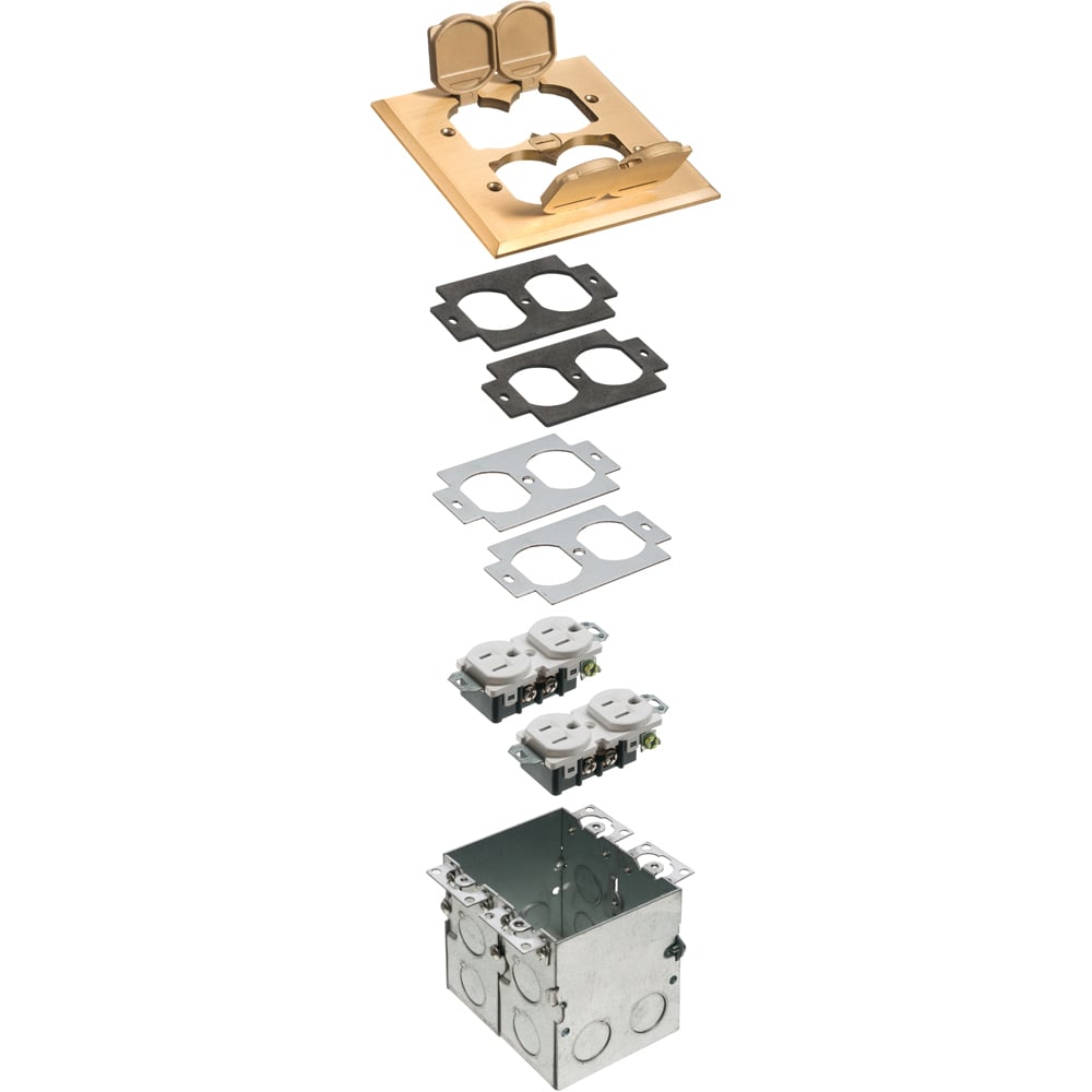 Floor box kit with steel box and metal cover with four flip lids. 2 Gang with gasket and two tamper resistant receptacle. Brass.