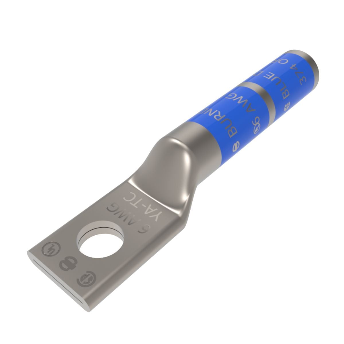 6 AWG CU, One Hole, 5/16 Stud Size, Long Barrel, Internal Chamfer, Tin Plated, UL/CSA, 90?C, Up to 35kV,BLUE Color Code, 7 or 374 Die Index.