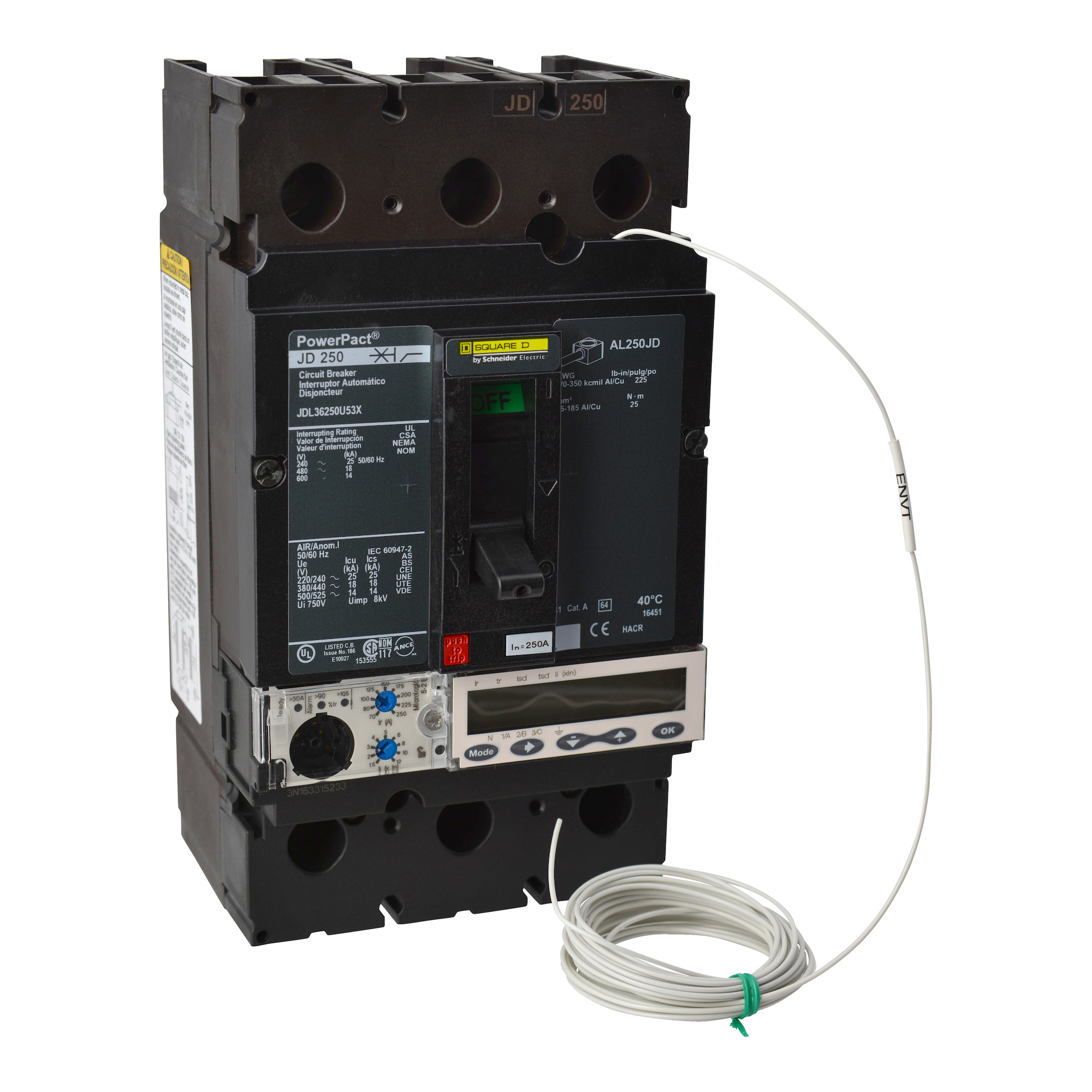 Circuit breaker, PowerPacT J, 250A, 3 pole, 600VAC, 18kA, lugs, Micrologic 5.2E, 80%