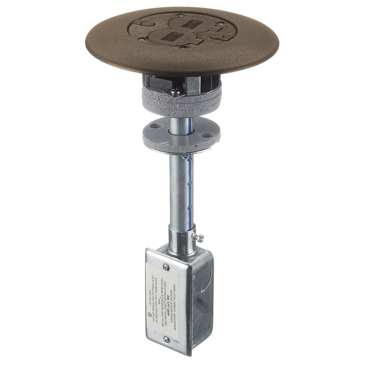 In-Floor Delivery Systems, Fire-Rated Poke-Throughs, Flush Duplex Series, Complete Unit With 20A Duplex, (2) 1/2" Diameter Holes for Low Voltage Wiring, Brown