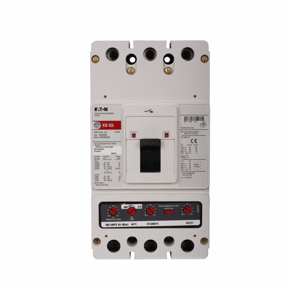 Eaton Series C complete molded case circuit breaker, K-frame, KW, adj. thermal, adj. magnetic trip, Three-pole, 250A, 600 Vac, 250 Vdc, 45 kAIC at 415 Vac, No term., optional line or load, World, 12-24 Vac/dc same side left term.