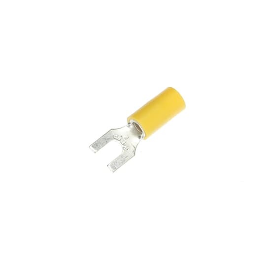 Vinyl Insulated Fork Terminal, Length 1.09 Inches, Width .38 Inches, Maximum Insulation .210, Bolt Hole #8, Wire Range #12-#10 AWG, Color Yellow, Copper, Tin Plated, 500 Pack