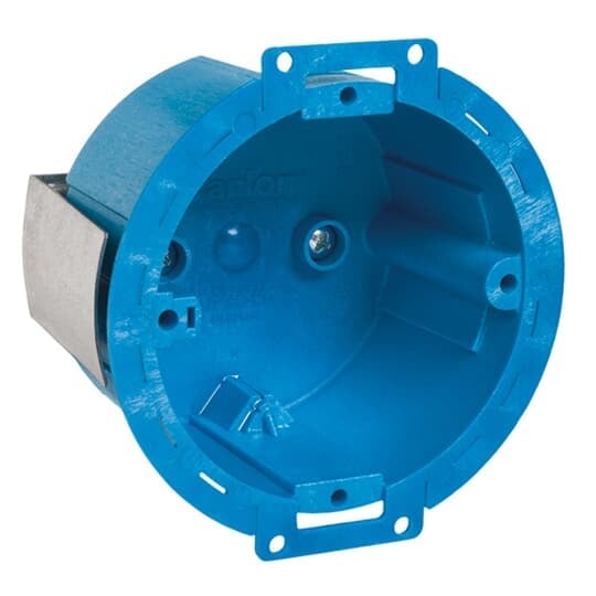 Round Old/New Work Wall Box, Volume 14.5 Cubic Inches, Diameter 3-1/2 Inches, Color Blue, Material Polycarbonate, Mounting Means Base, Ears, and Snap-In Bracket