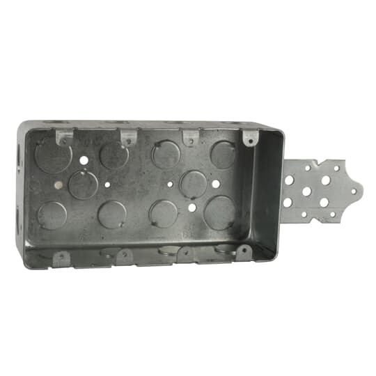 Three Gang Drawn Style Device Box, 58 Cubic Inches, 7-5/8 Inches Long x 4 Inches Wide x 2-1/8 Inches Deep, Drawn Construction with 1/2 Inch Knockouts, with B Brackets, For use with Conduit