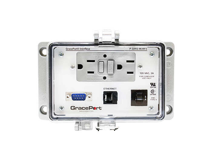 Panel Interface Connector with DB-9 M/F, Category 5e RJ45, Panel Mount Housing, UL Type 4, GFCI Duplex Inside-Outlet, 3 Amp Circuit Breaker