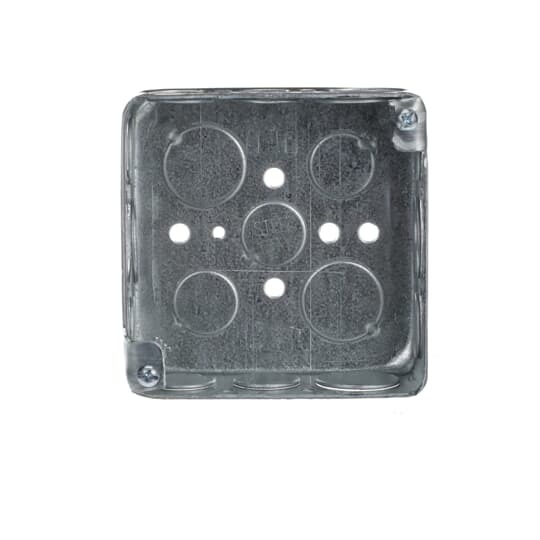 Square Box, 21 Cubic Inches, 4 Inch Square x 1-1/2 Inch Deep, 1/2 Inch and 3/4 Inch Knockouts, Pre-Galvanized Steel, For use with Conduit