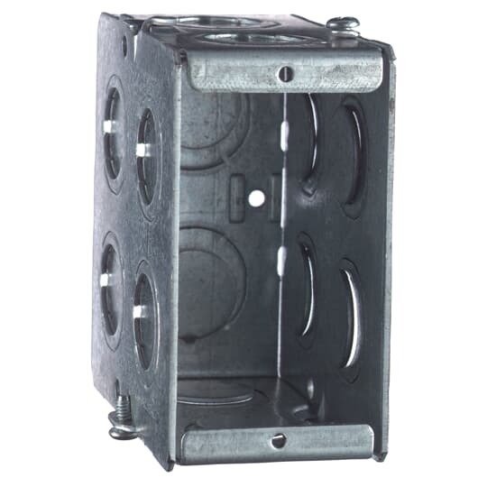 Gangable Masonry Box, 22 Cubic Inches, 3-3/4 Inches Long x 1-15/16 Inches Wide x 3-1/2 Inches Deep, 1/2 Inch and 3/4 Inch Knockouts, Pre-Galvanized Steel, For use with Conduit