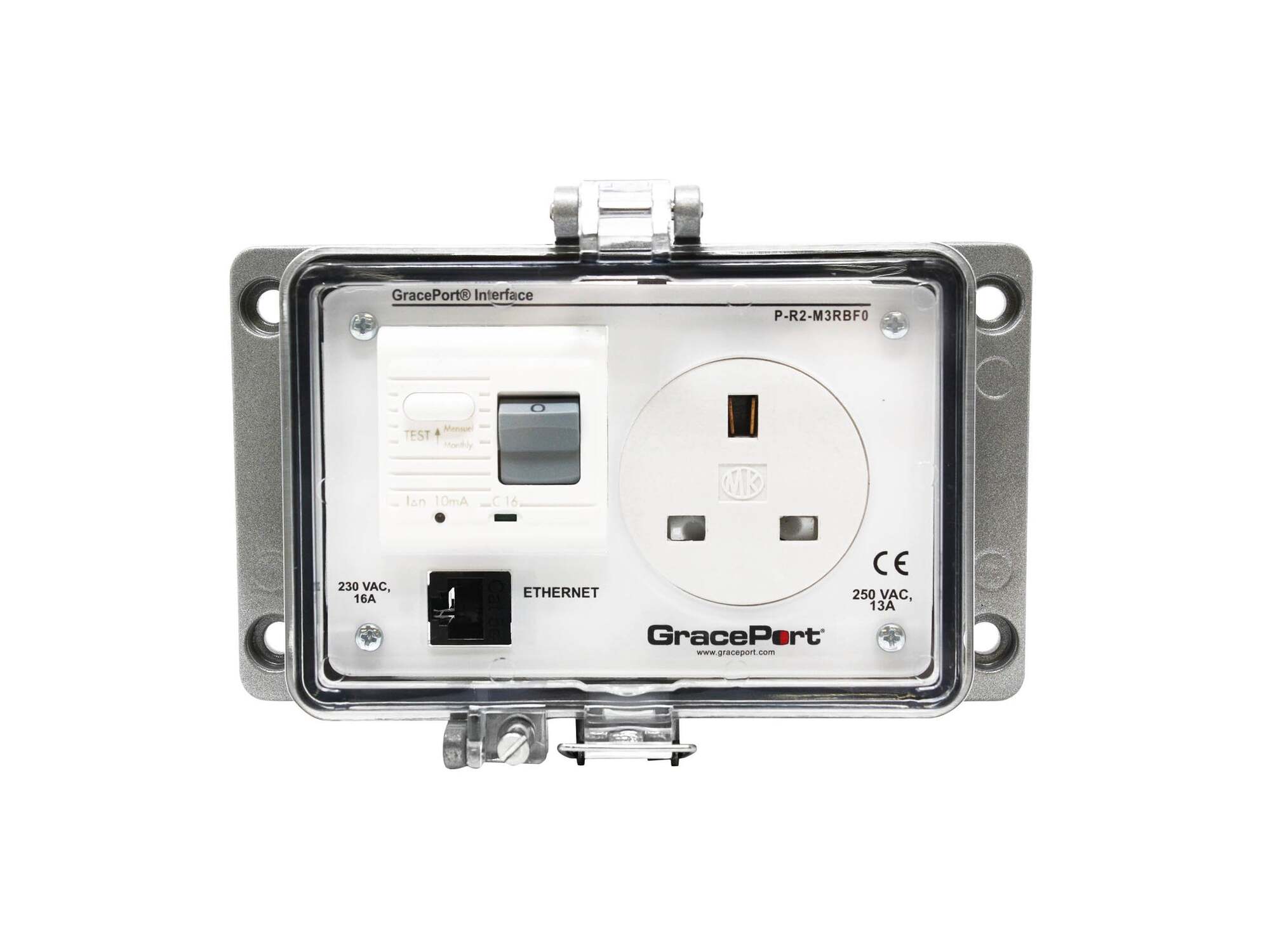 Panel Interface Connector with Category 5e RJ45, Panel Mount Housing, UL Type 4, British Outlet with GFCI, No Circuit Breaker