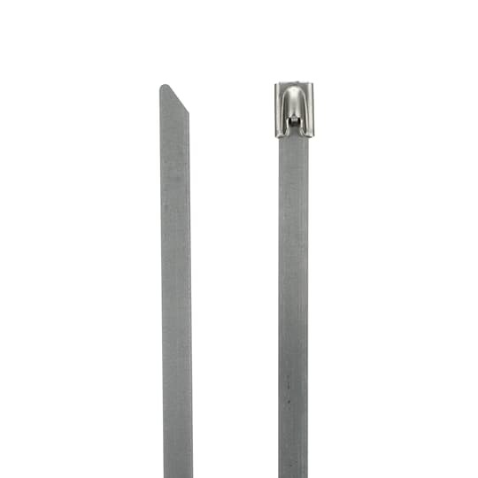Ball-Lock 316 Stainless Steel Cable Tie, Uncoated, for Temperatures up to 300 Degrees Celsius (572 F) for Indoor and Outdoor Applications, Suitable for High Temperature Environments, UL/EN/CSA62275 Type 2S Rated for AH-1 Plenum, Length of 200mm (7.9 Inches), Width of 7.75mm (0.305 inches), Thickness of 0.25mm (0.01 Inches), Tensile Strength Rating of 2002 Newtons (450 Pounds)