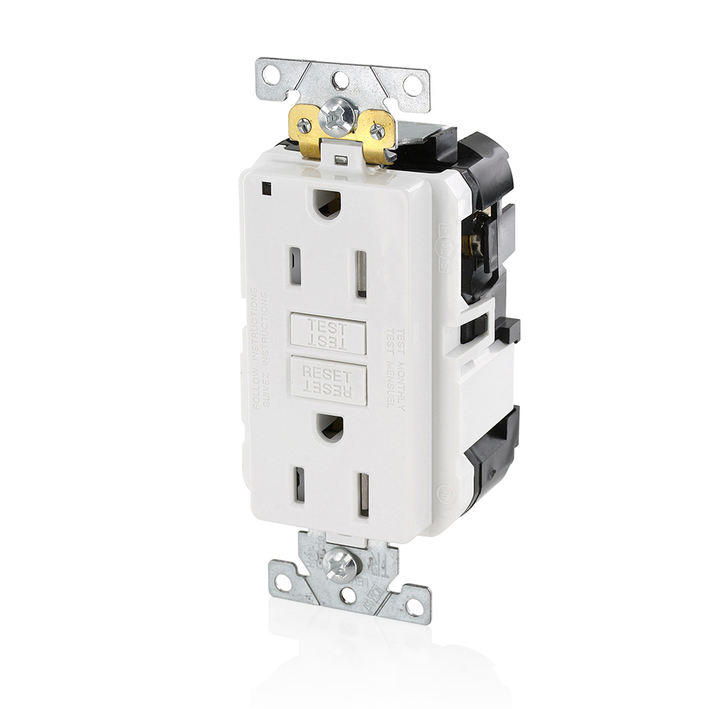 15 Amp, 125 Volt, SmartlockPro Slim Lev-Lok GFCI Self-Test Receptacle, Extra-Heavy Duty Industrial Grade, Tamper-Resistant, 20A Feed-Through,NEMA 5-15R, 2P, 3W, Modular Terminals  WHITE