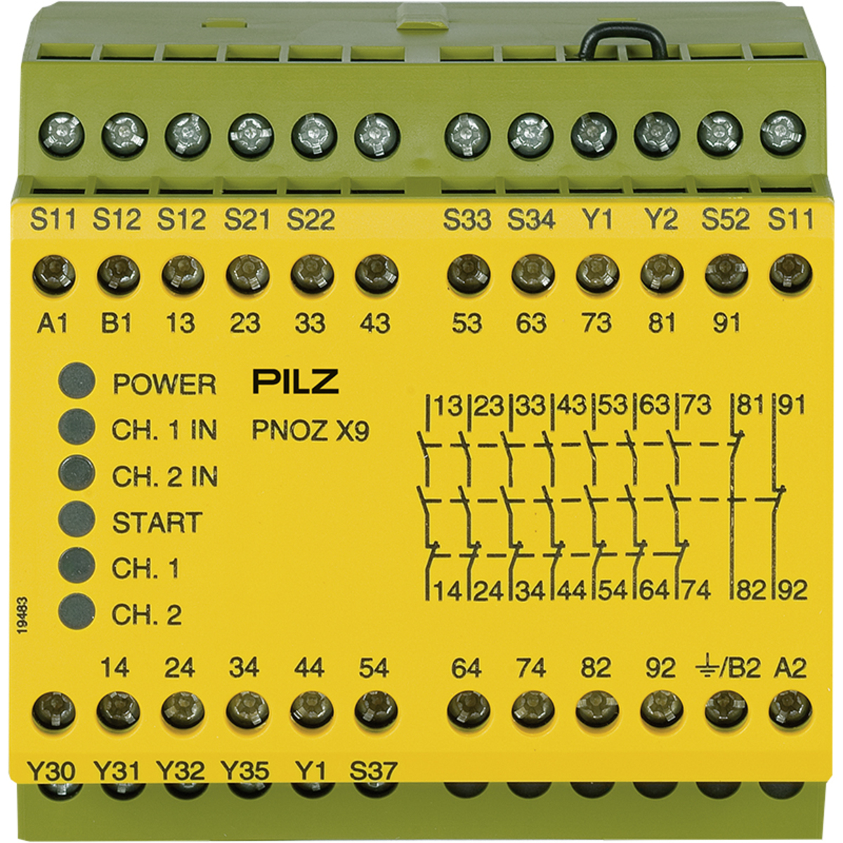 Safety Relay, 1/2-Channel Wiring with/without Detection of Shorts Across Contacts, 7 N/O, 2 N/C, 2 SC, Automatic/Manual/Monitored Start and Automatic Start with Start-up Test, UB 24 V AC/ DC, 90 mm, Screw Terminals Integrated, Monitoring of E-STOP, Safety Gates