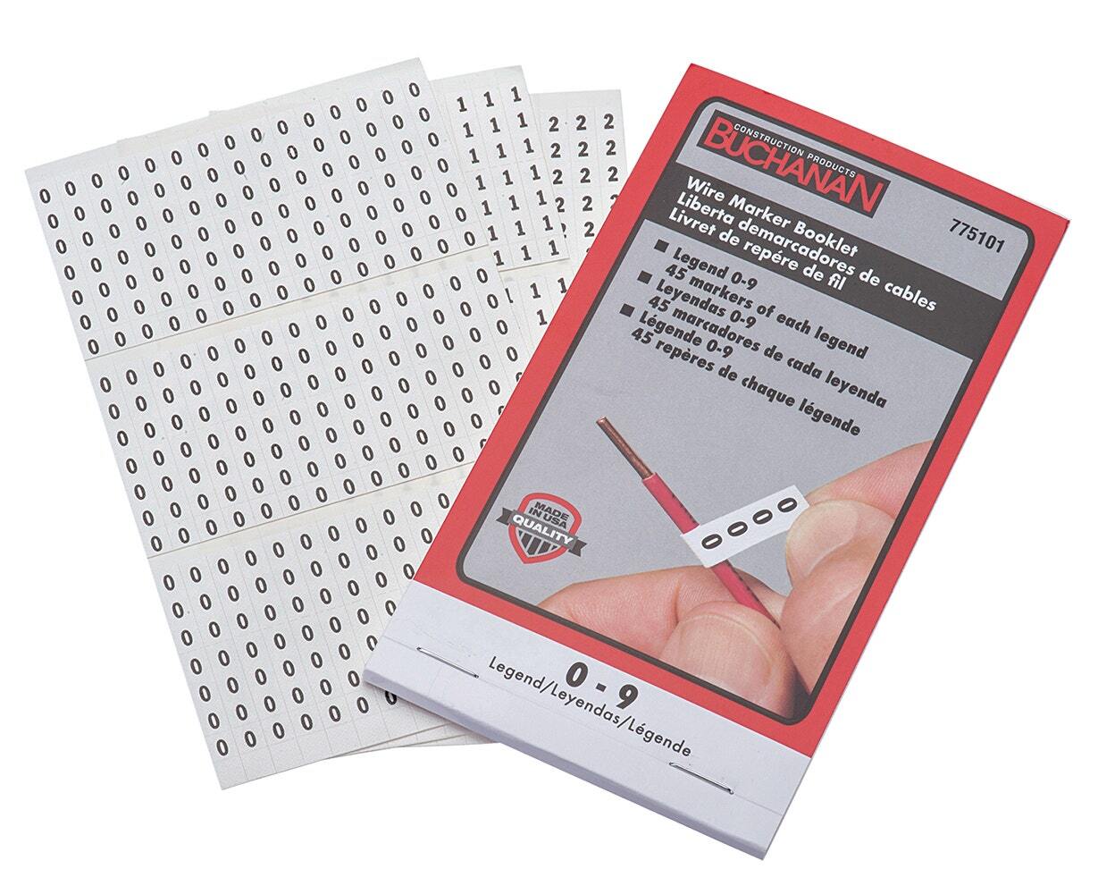 Buchanan, Wire Marker Booklet, Size: 1/4 X 1-1/2 IN Marker, Legend: 0-9, Markers Per Page: 45, Number Of Pages: 10/Booklet, Legend Color: Non-Smear Black, Includes: 450 Wire Markers And 450 Terminal Markers