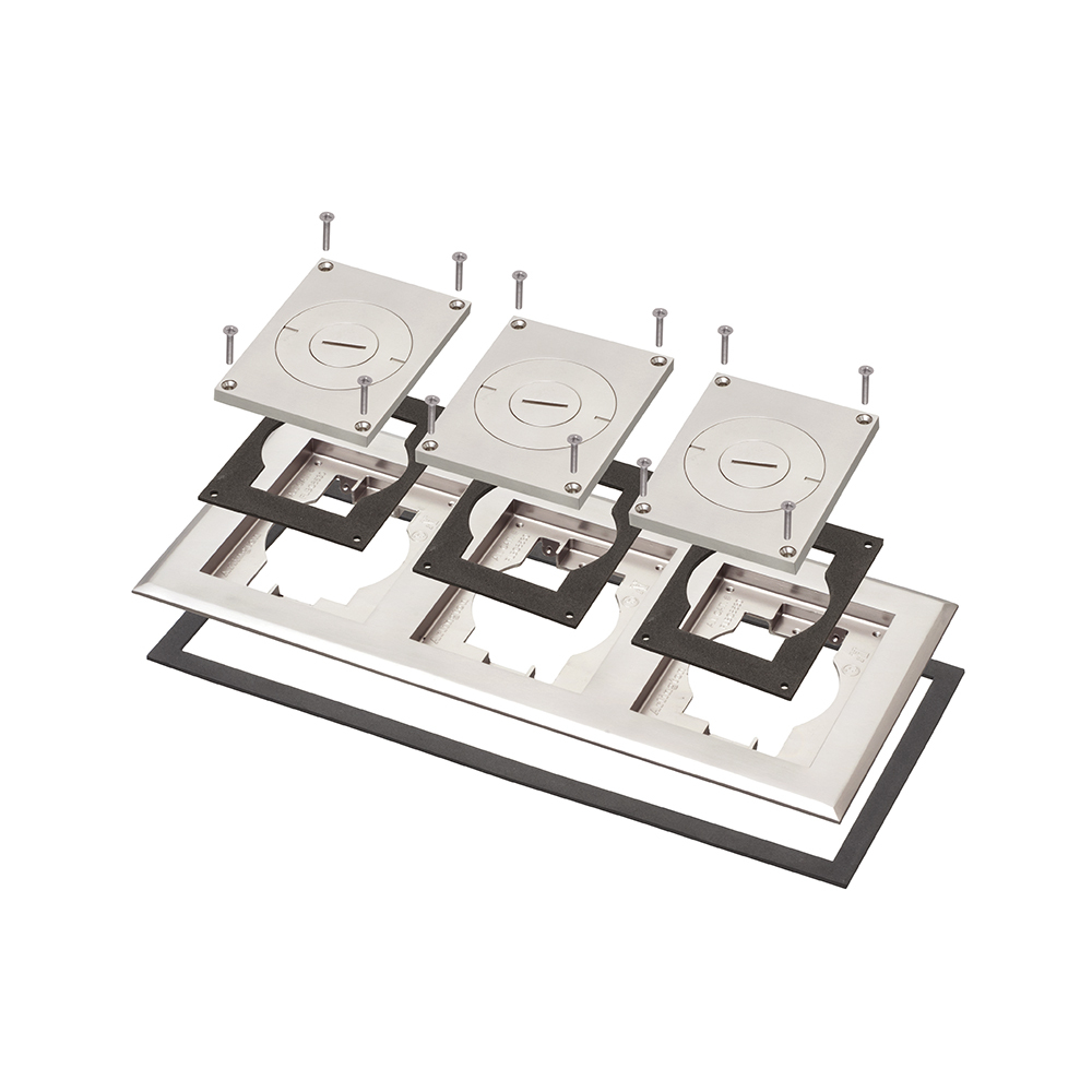 Plated Nickel, three gang frame and cover with furniture feed inserts. Includes three gang frame with gasket, (3) gasketed covers with combo 2" and 3/4" threaded holes and mounting screws.