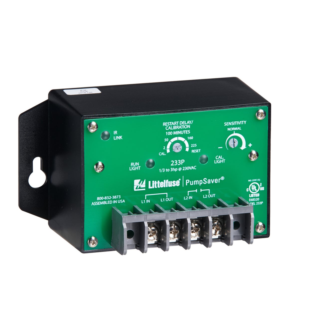 The 233P is a single-phase pump monitor designed to protect single-phase pumps from dry-well, dead-head, jammed impeller, rapid cycle, overvoltage and undervoltage conditions. The 233P protects 230 volt, 2 or 3 wire, 1/3 to 3hp pumps. A calibration adjustment allows the 233P to be calibrated to your specific pumping applications, thereby reducing the possibility of false or nuisance tripping. A proprietary microcontroller based voltage, power factor and current-sensing circuit constantly monitors for power fluctuations, overcurrent and underload conditions. When an abnormality, such as loss of suction, is detected, the 233P deactivates its output relay and directly disconnects the pump motor. The relay then begins its user-selectable Restart Delay (dry-well recovery) timer. When the timer expires or power is removed and reapplied, the relay reactivates its output relay and allows the pump to turn back on. An infrared LED communicates directly with a hand-held diagnostic tool called the Informer (sold separately).