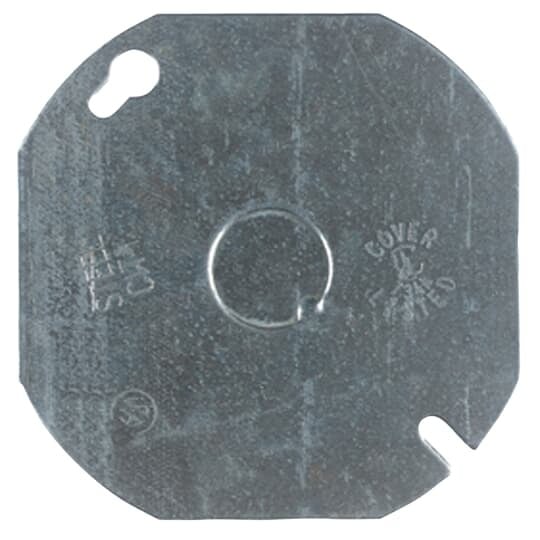 Octagon Box Cover, 4 Inch Diameter, 1/2 Inch Knockouts, Pre-Galvanized Steel, Flat, For use with Octagon Boxes