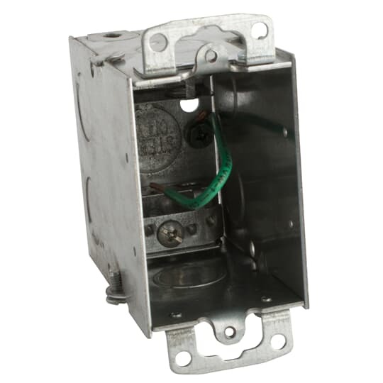 Gangable Switch Box, 18 Cubic Inches, 3 Inches Long x 2 Inches Wide x 3-1/2 Inches Deep, 1/2 Inch Knockouts, Pre-Galvanized Steel, Armored Cable Clamps (C-3), 10-1/2 Inch #12 AWG Grounding Pigtail, and Ears Flush, For use with Armored/Metal Clad Cable