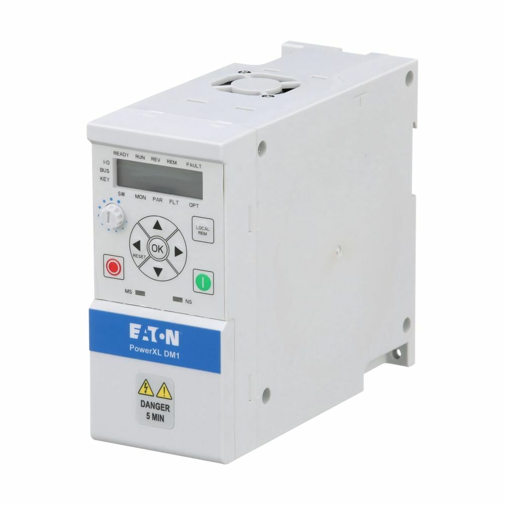 Eaton PowerXL DM1 series micro drive, Single-phase, 230 V, 1.6 A, Internal brake chopper, Multi segment LCD display, IP20, ST0 SIL2 and ethernet I/P, Modbus TCP onboard