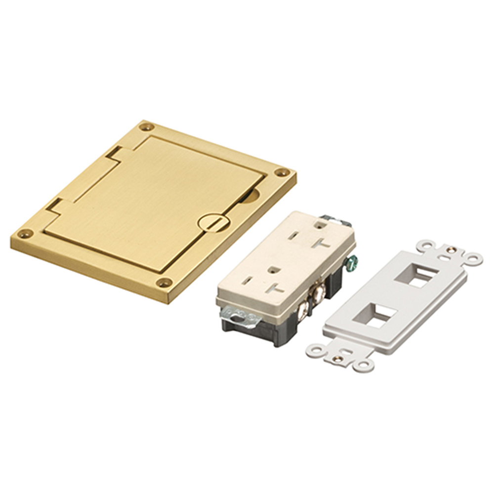 Brass single gang cover kit with Flip lid cover. Includes (1) 20A decorator style receptacle, (1) gasket.