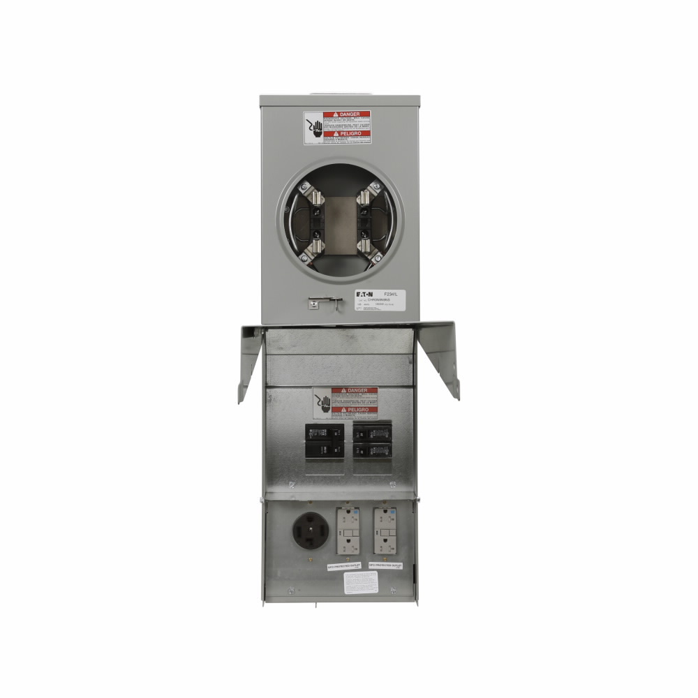 Eaton pedestal mount metered, Pos 1: Non-gnd fault, Pos 2: Non-gnd fault, Pos 3: Non-gnd fault, Top, Circuits: 4, Weather and tamper resist center receptacle, Center: NEMA 5-20R2GFI WR TR, Left: NEMA 14-50R, Right: NEMA TT-30R, Ringless