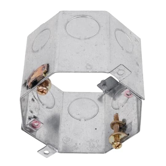 Octagon Concrete Ceiling Fan Box, 4 Inch Diameter x 3 Inch Depth, 1/2 Inch and 3/4 Inch Knockouts, Galvanized Steel, with 3 Inch DP Clamps and Concrete Ring Brackets