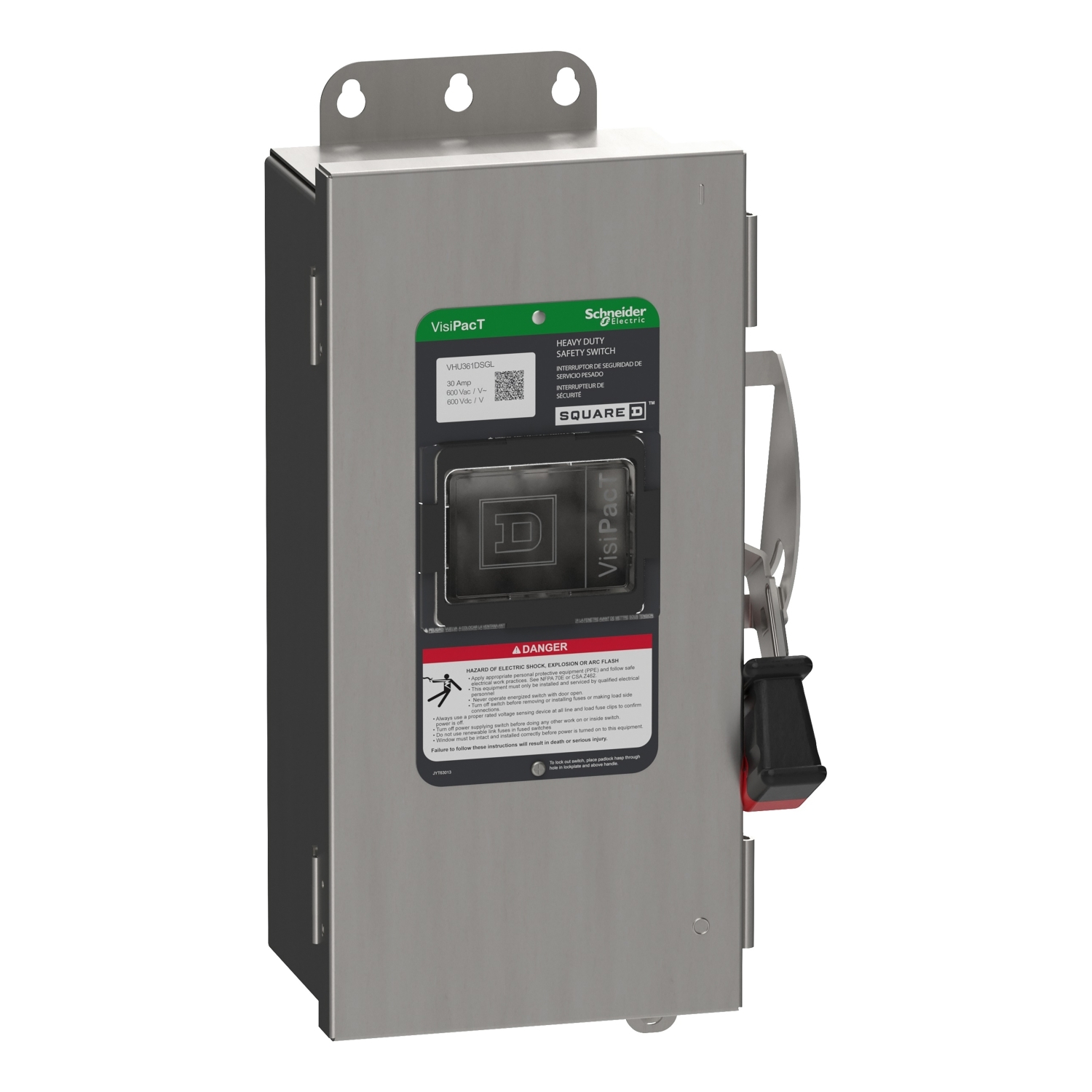 Safety switch, VisiPacT, heavy duty, unfused, viewing window, NEMA 4X, 600V, 30A, 3 pole, ground lugs